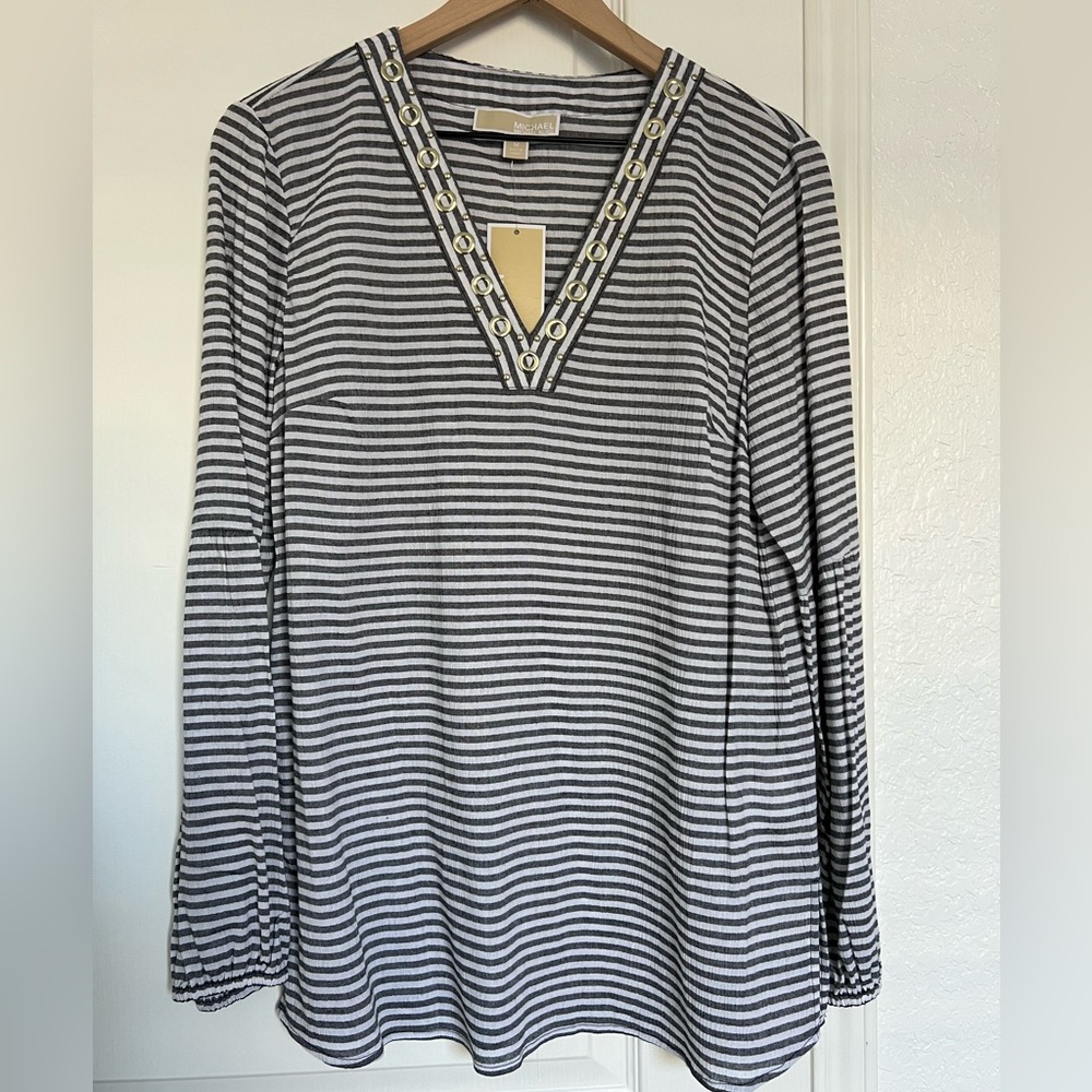 Michael Kors Linen Look V-Neck Tunic Blouse | white, grey | M